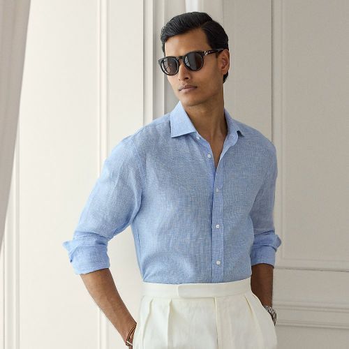 Chemise micro pied-de-poule en lin - Purple Label - Modalova