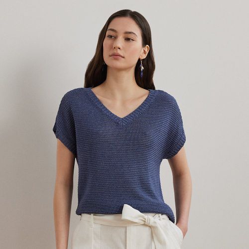 Petite - Pull col V à manches courtes en lin - Lauren Petite - Modalova