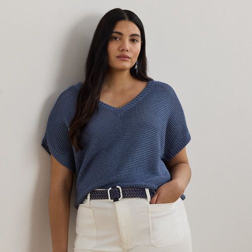 Grandes Tailles - Pull col V à manches courtes en lin - Lauren Curve - Modalova