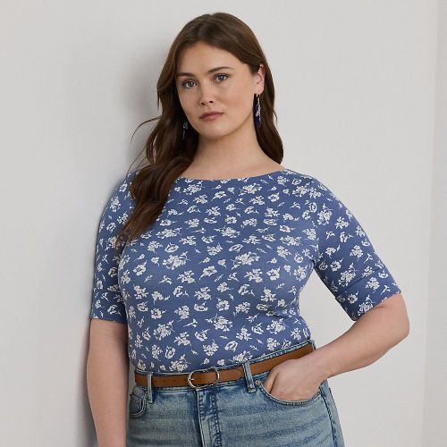 Grandes Tailles - T-shirt encolure bateau fleuri en coton - Lauren Curve - Modalova