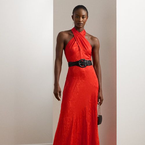 Robe dos nu fleurie ceinturée jacquard - Lauren - Modalova