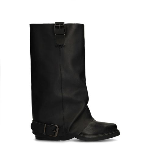 Bottines motardes en cuir avec rabat - noir - Sacha - Modalova