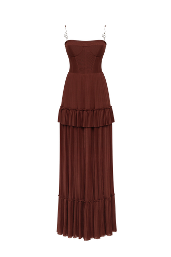 Chocolate spaghetti strap pleated maxi dress, Garden of Eden - S - Maxi dresses - Milla - Modalova