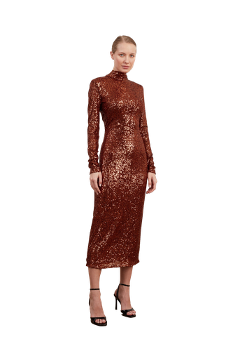 ZAHRA backless long-sleeve brown sequin midi dress - UNDRESS - Modalova