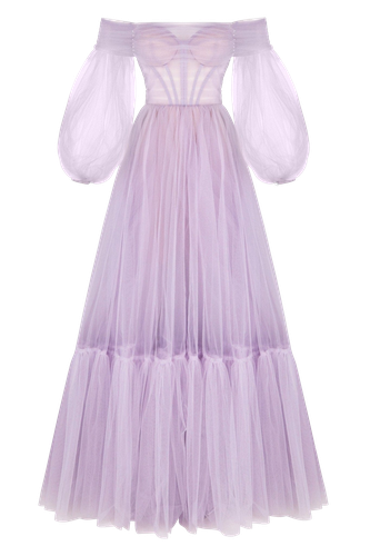 Lavender Sheer Sleeves Maxi Tulle Dress - Milla - Modalova