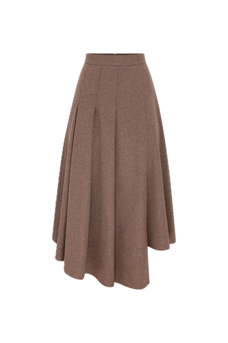 Eliza Wool Plaid Asymmetric Midi Skirt in Mocha - Nazli Ceren - Modalova