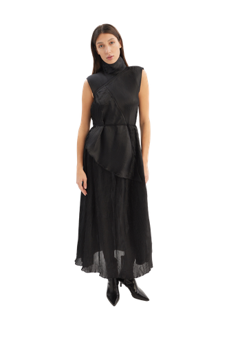 Pleated Sleeveless Maxi Organza Dress with a high collar and asymmetric pleated inserts - Tamar Keburia - Modalova