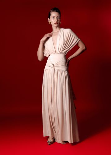 Haiku Dress | Women's Draped Maxi Dress in Knit & Mesh with Buckle Detail | Elegant Eventwear - Lediel - Modalova