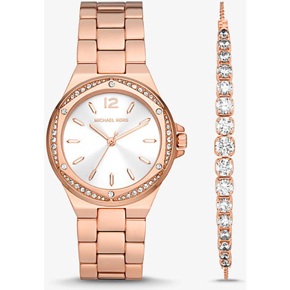MK Coffret cadeau montre et bracelet Lennox ton or rose avec pierres pavées - Michael Kors - Modalova